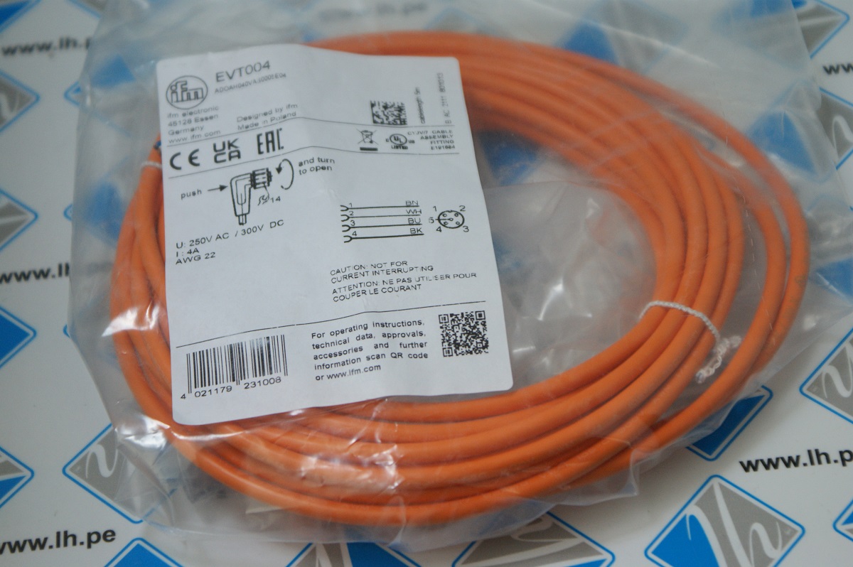 EVT004          Cable de conexión ifm electronic, con.A, M12 Hembra, 4 polos, con. B Extremo libre, long. 5m, 250 V ac, 300 V dc, 4 A,